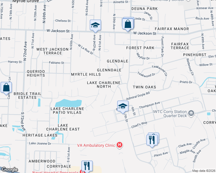 map of restaurants, bars, coffee shops, grocery stores, and more near 286 South 61st Avenue in Pensacola