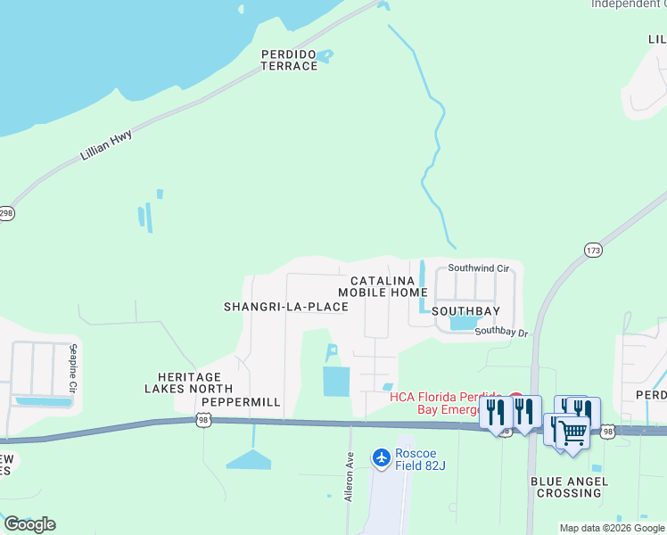 map of restaurants, bars, coffee shops, grocery stores, and more near 9819 Loquat Drive in Pensacola