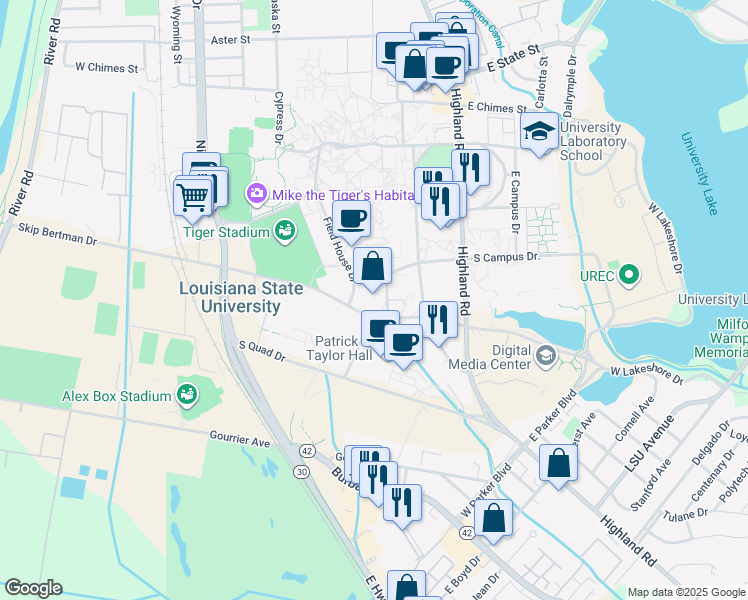 map of restaurants, bars, coffee shops, grocery stores, and more near in Baton Rouge