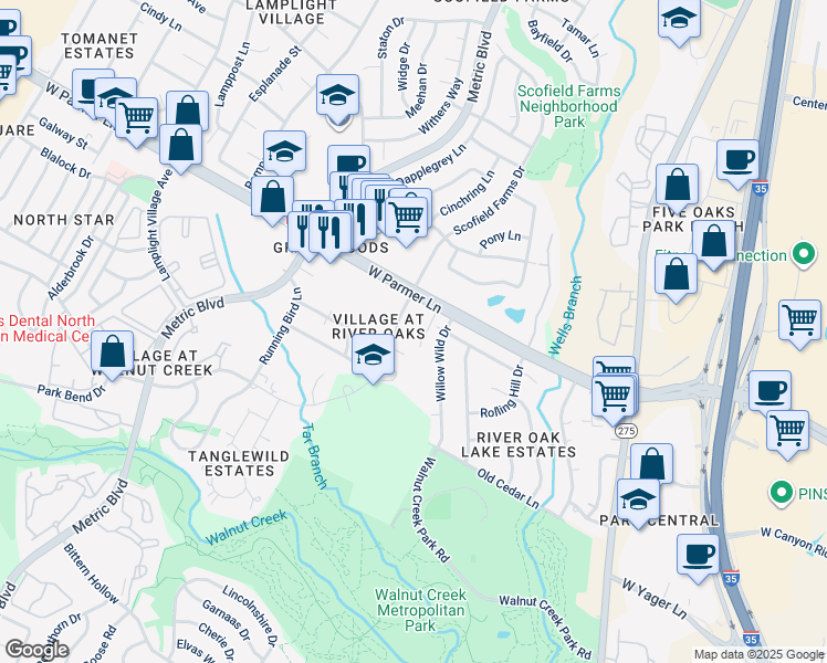 map of restaurants, bars, coffee shops, grocery stores, and more near 12406 Willow Wild Drive in Austin