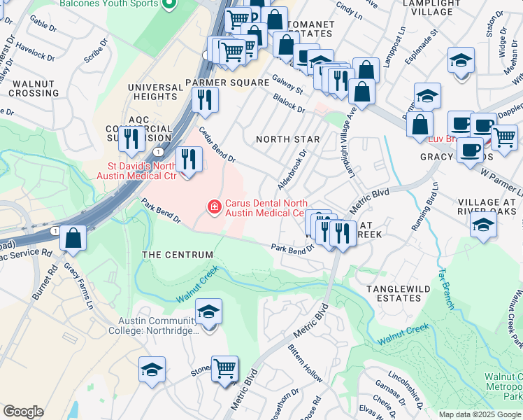 map of restaurants, bars, coffee shops, grocery stores, and more near 2122 Park Bend Drive in Austin