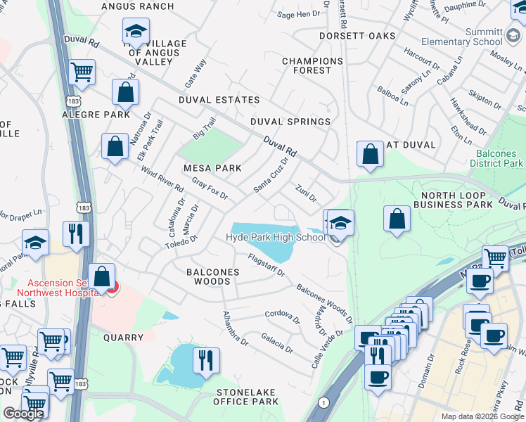 map of restaurants, bars, coffee shops, grocery stores, and more near 11617 Spotted Horse Drive in Austin