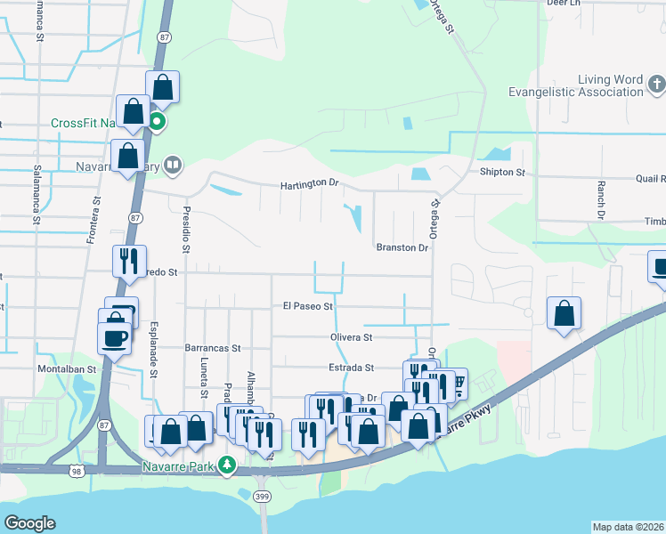 map of restaurants, bars, coffee shops, grocery stores, and more near 8664 Laredo Street in Navarre