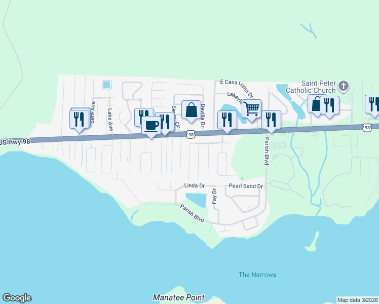 map of restaurants, bars, coffee shops, grocery stores, and more near 41 Cactus Road in Mary Esther