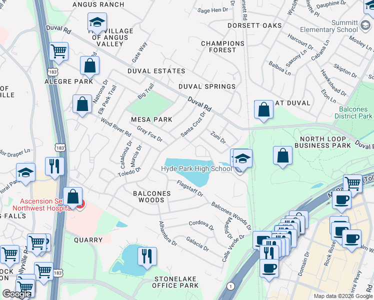 map of restaurants, bars, coffee shops, grocery stores, and more near 11617 Spotted Horse Drive in Austin