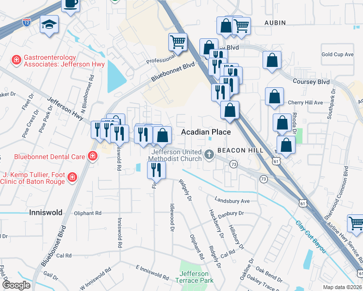 map of restaurants, bars, coffee shops, grocery stores, and more near 10101 Jefferson Highway in Baton Rouge