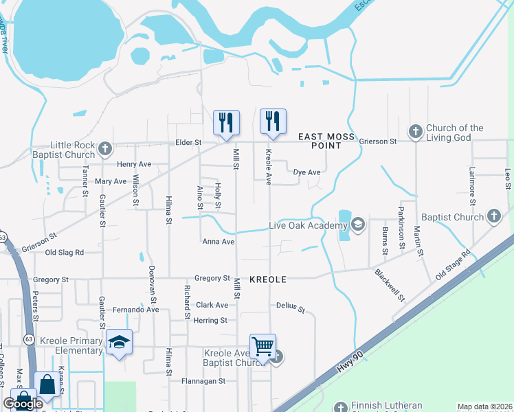 map of restaurants, bars, coffee shops, grocery stores, and more near 4712 Doctor L D Chapman Street in Moss Point