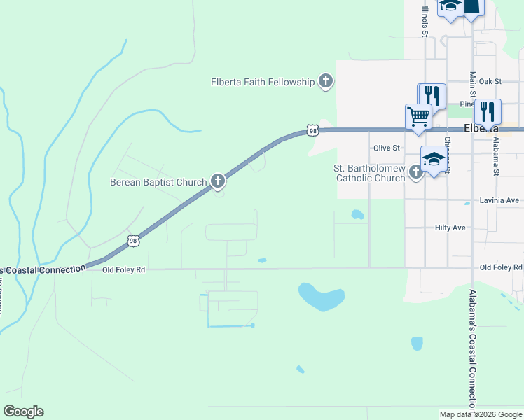 map of restaurants, bars, coffee shops, grocery stores, and more near 24423 Old Foley Road in Elberta