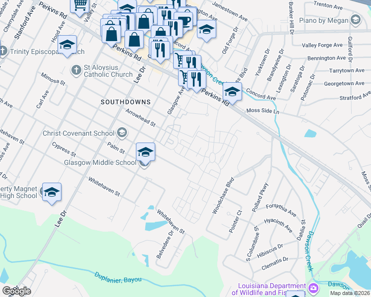 map of restaurants, bars, coffee shops, grocery stores, and more near 1913 Verte Drive in Baton Rouge