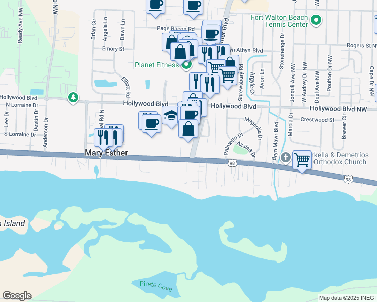 map of restaurants, bars, coffee shops, grocery stores, and more near 58 Mary Esther Boulevard in Mary Esther