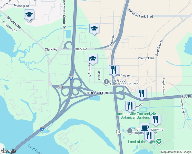 map of restaurants, bars, coffee shops, grocery stores, and more near 9349 Indiana Avenue in Jacksonville