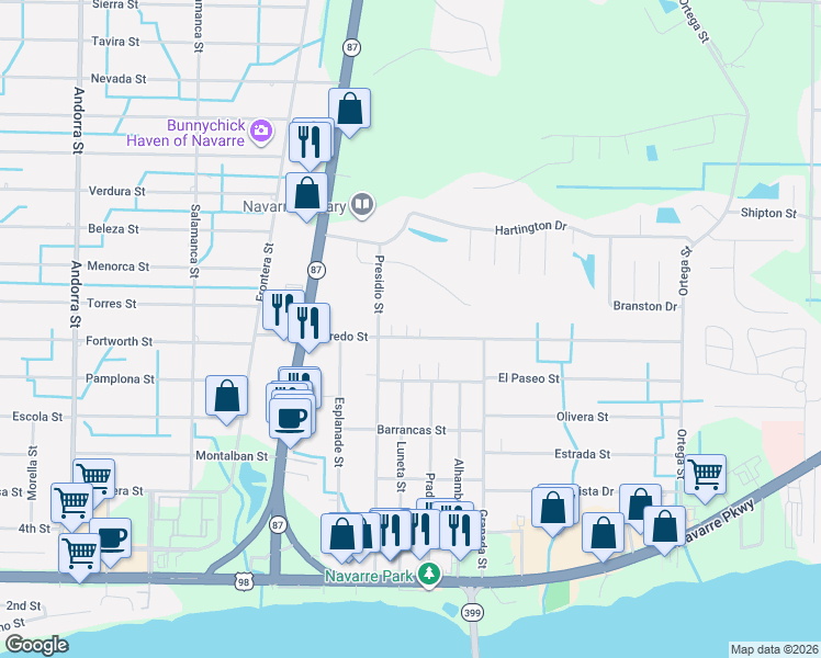 map of restaurants, bars, coffee shops, grocery stores, and more near 8521 Laredo Street in Navarre
