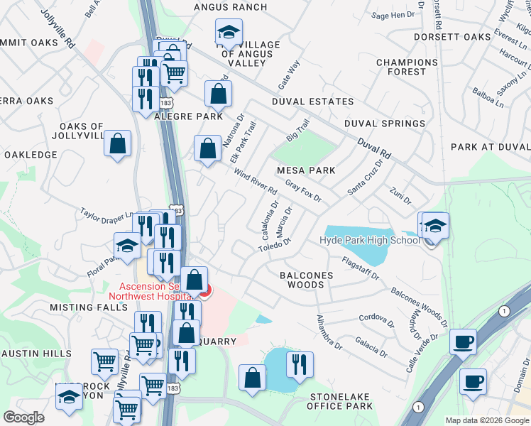 map of restaurants, bars, coffee shops, grocery stores, and more near 11411 Catalonia Drive in Austin