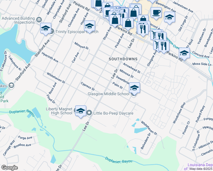 map of restaurants, bars, coffee shops, grocery stores, and more near 4487 Hyacinth Avenue in Baton Rouge