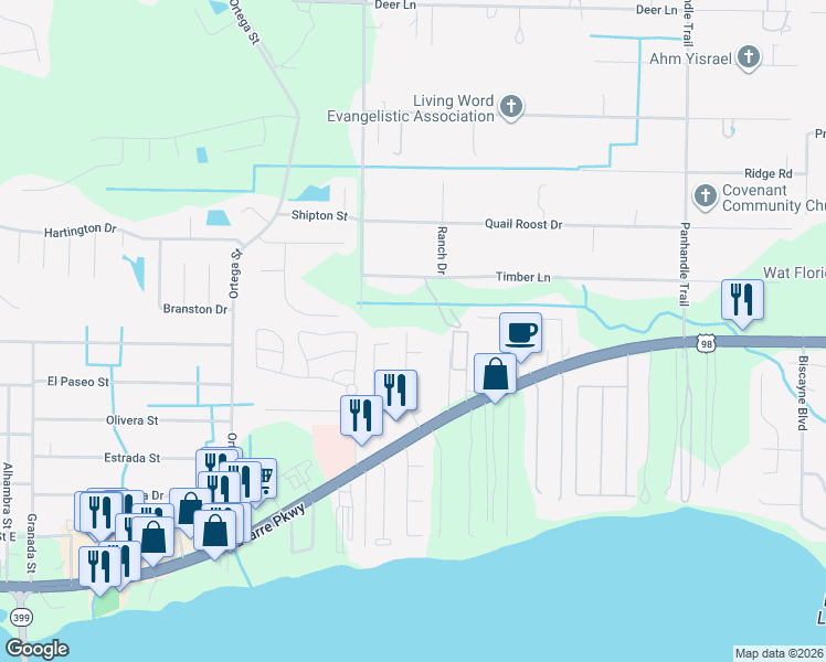 map of restaurants, bars, coffee shops, grocery stores, and more near 2094 Fountainview Drive in Navarre
