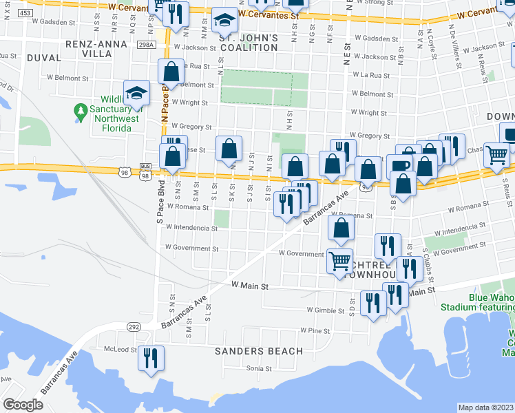 map of restaurants, bars, coffee shops, grocery stores, and more near 1640 West Romana Street in Pensacola