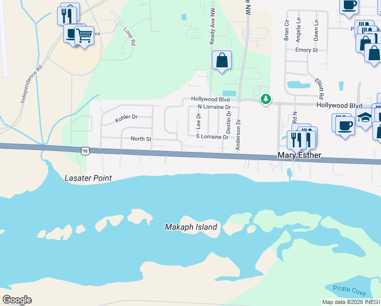 map of restaurants, bars, coffee shops, grocery stores, and more near 369 U.S. 98 in Mary Esther