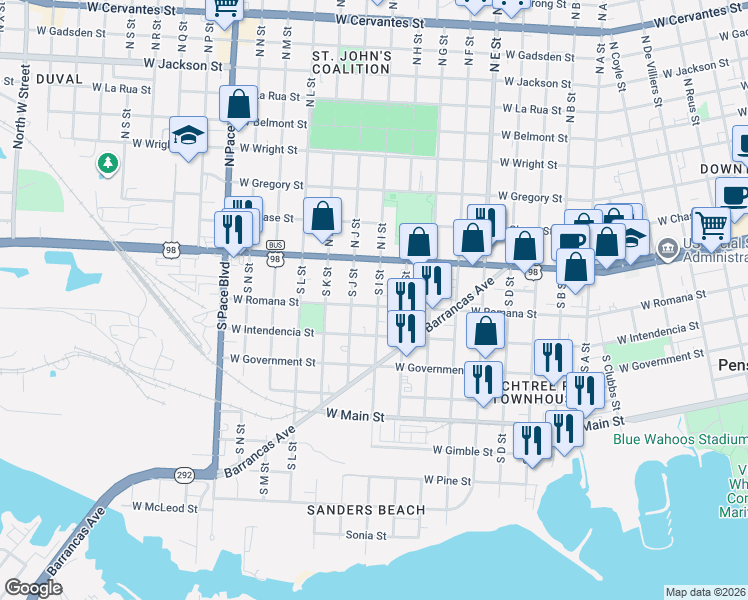 map of restaurants, bars, coffee shops, grocery stores, and more near 201 South I Street in Pensacola