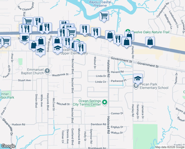 map of restaurants, bars, coffee shops, grocery stores, and more near 231 Linda Drive in Ocean Springs