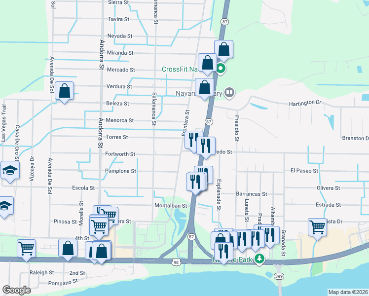map of restaurants, bars, coffee shops, grocery stores, and more near 8404 Laredo Street in Navarre