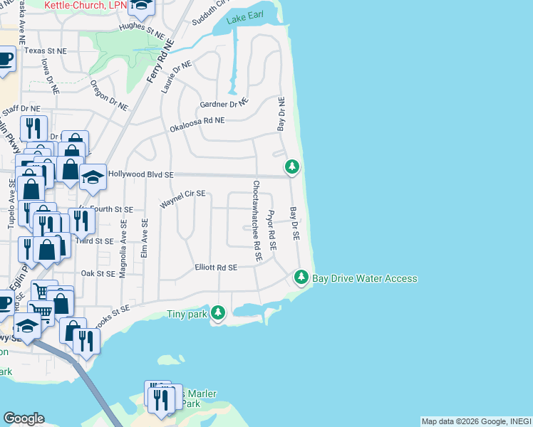 map of restaurants, bars, coffee shops, grocery stores, and more near 21 Choctawhatchee Road Southeast in Fort Walton Beach