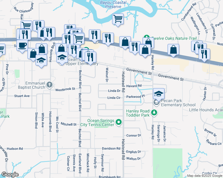 map of restaurants, bars, coffee shops, grocery stores, and more near 217 Linda Drive in Ocean Springs