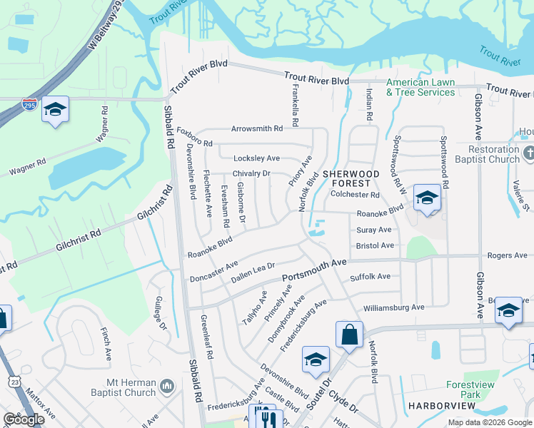 map of restaurants, bars, coffee shops, grocery stores, and more near 5014 Roanoke Boulevard in Jacksonville
