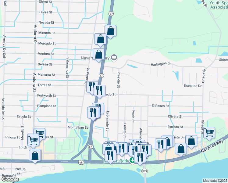 map of restaurants, bars, coffee shops, grocery stores, and more near 8479 Laredo Street in Navarre