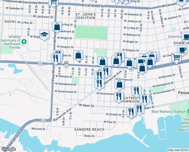map of restaurants, bars, coffee shops, grocery stores, and more near 201 South I Street in Pensacola