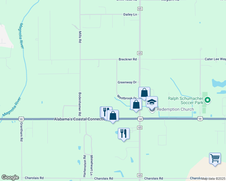map of restaurants, bars, coffee shops, grocery stores, and more near 12711 Westbrook Drive in Foley