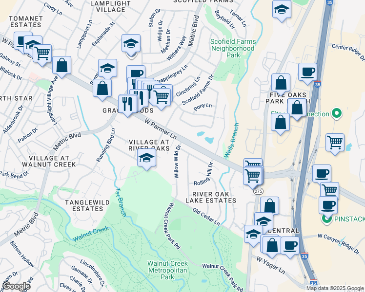 map of restaurants, bars, coffee shops, grocery stores, and more near 1408 Cardinal Hill Drive in Austin