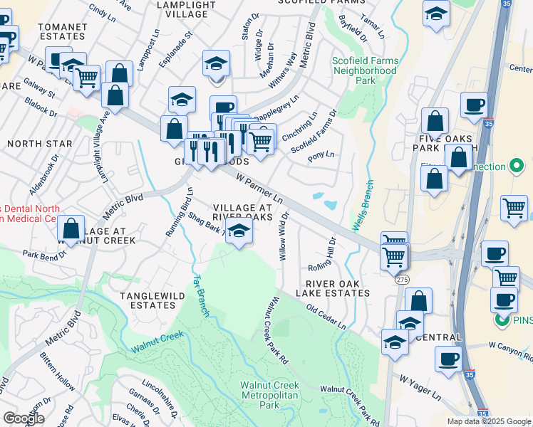 map of restaurants, bars, coffee shops, grocery stores, and more near 12406 Willow Wild Drive in Austin