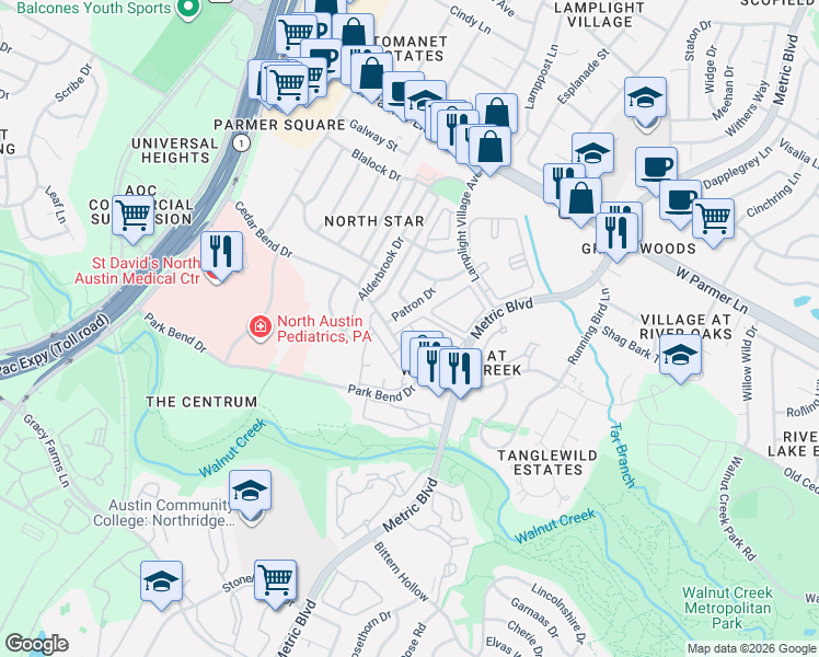 map of restaurants, bars, coffee shops, grocery stores, and more near 2016 Park Lane in Austin