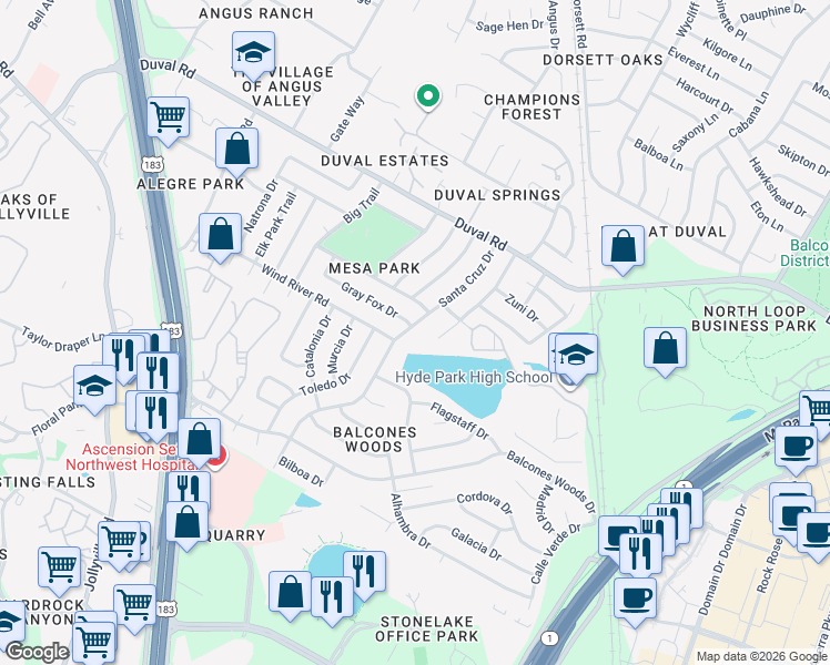 map of restaurants, bars, coffee shops, grocery stores, and more near 11609 Spotted Horse Drive in Austin
