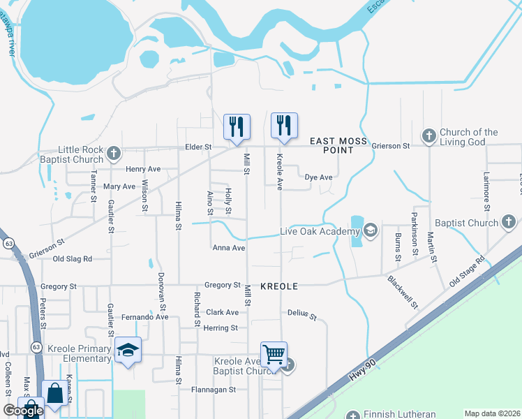 map of restaurants, bars, coffee shops, grocery stores, and more near 4712 Doctor L D Chapman Street in Moss Point