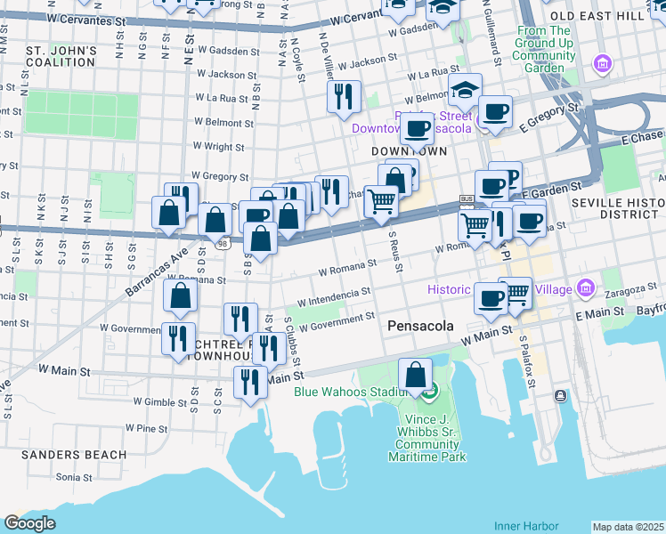 map of restaurants, bars, coffee shops, grocery stores, and more near 500 West Romana Street in Pensacola