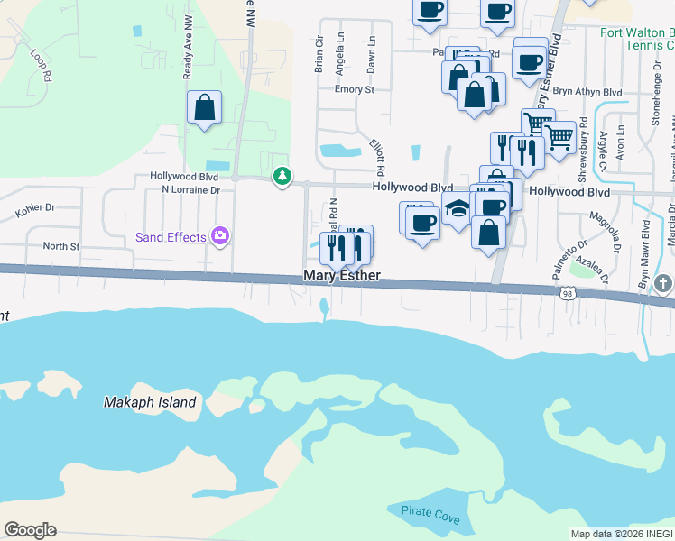 map of restaurants, bars, coffee shops, grocery stores, and more near in Mary Esther