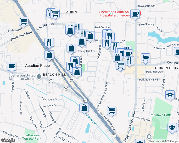 map of restaurants, bars, coffee shops, grocery stores, and more near 10861 Alco Avenue in Baton Rouge
