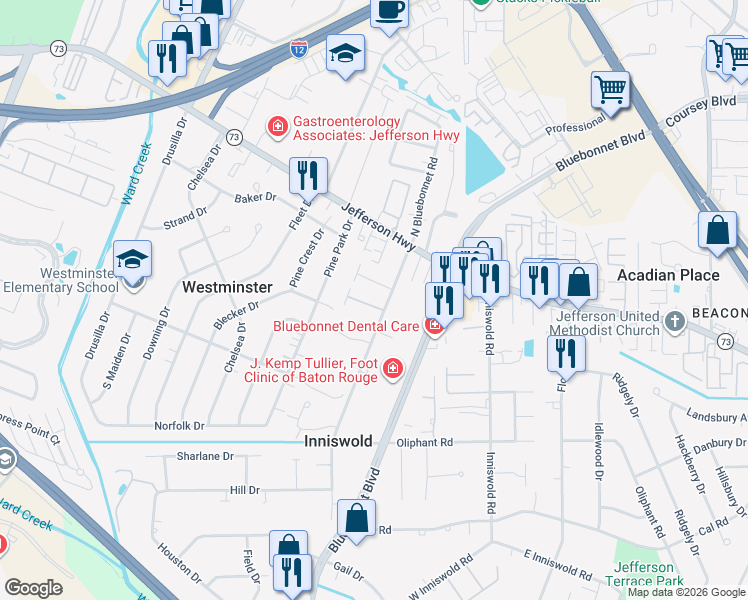 map of restaurants, bars, coffee shops, grocery stores, and more near 4355 Bluebonnet Road in Baton Rouge