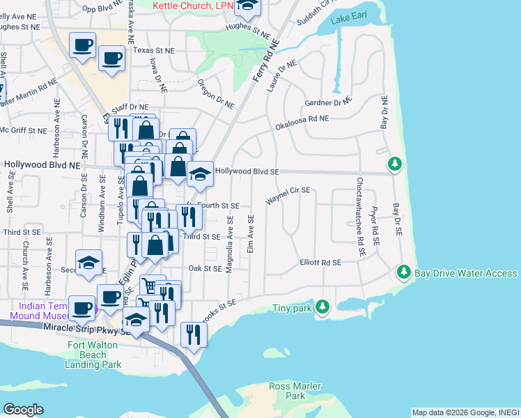 map of restaurants, bars, coffee shops, grocery stores, and more near 75 Waynel Circle Southeast in Fort Walton Beach