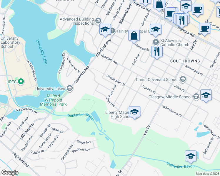 map of restaurants, bars, coffee shops, grocery stores, and more near 3835 Floyd Drive in Baton Rouge