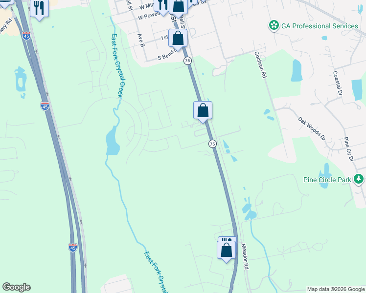 map of restaurants, bars, coffee shops, grocery stores, and more near 11815 State Highway 75 North in Willis