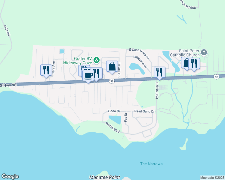 map of restaurants, bars, coffee shops, grocery stores, and more near 43 Cactus Road in Mary Esther