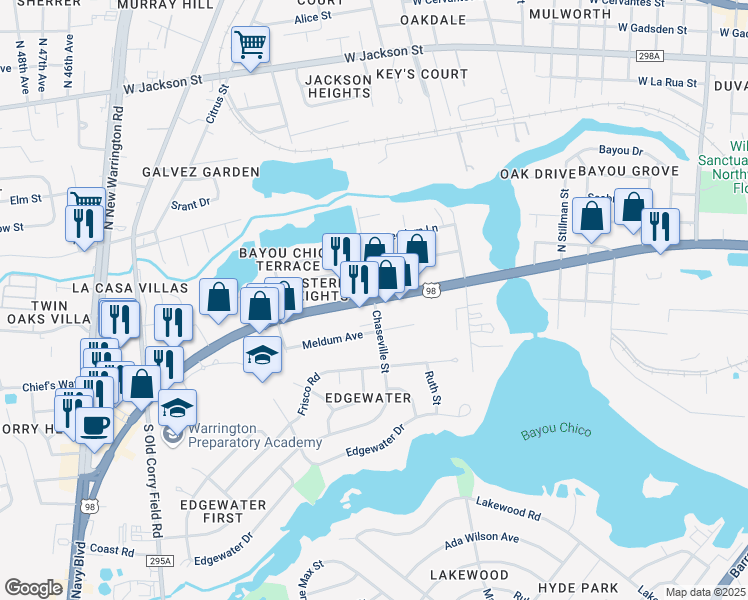 map of restaurants, bars, coffee shops, grocery stores, and more near W Navy Blvd & Chaseville St in West Pensacola