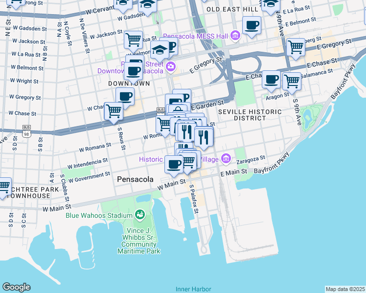 map of restaurants, bars, coffee shops, grocery stores, and more near 226 South Palafox Street in Pensacola