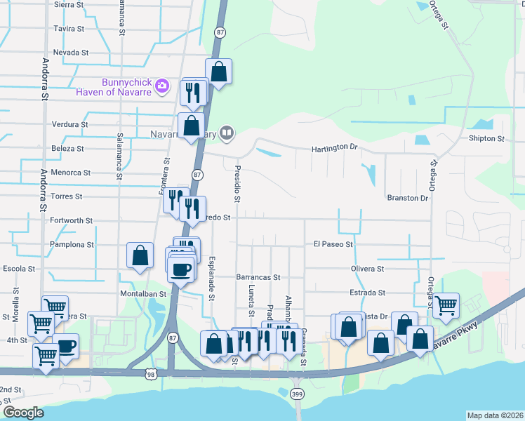 map of restaurants, bars, coffee shops, grocery stores, and more near 8547 Laredo Street in Navarre