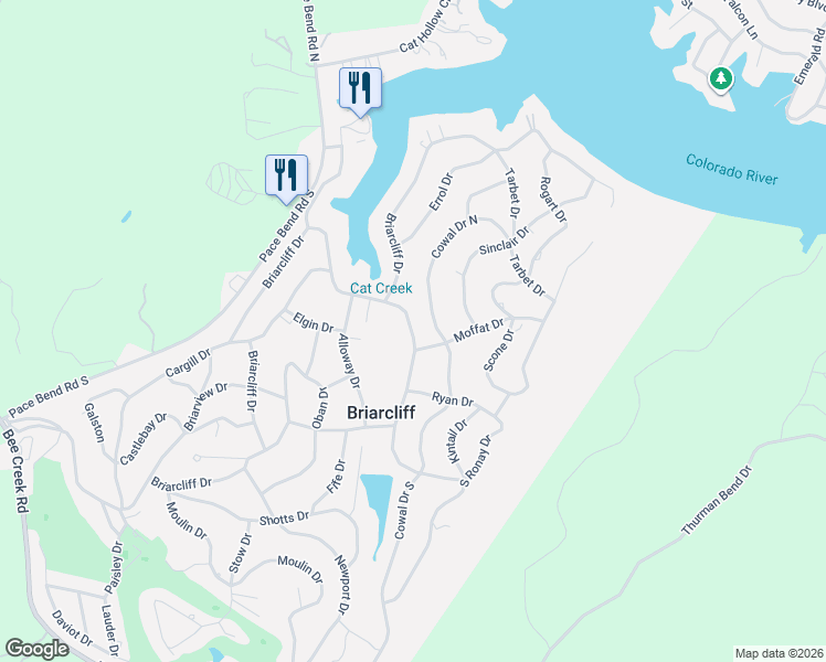 map of restaurants, bars, coffee shops, grocery stores, and more near 22005 Moffat Drive in Briarcliff