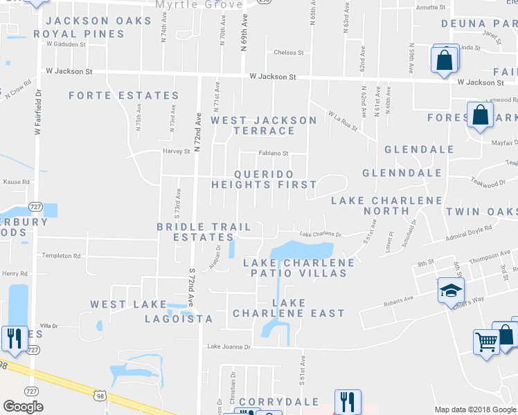 map of restaurants, bars, coffee shops, grocery stores, and more near 8 South 68th Avenue in Pensacola