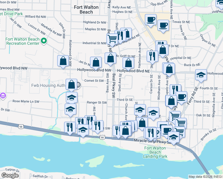 map of restaurants, bars, coffee shops, grocery stores, and more near 68 Beal Parkway in Fort Walton Beach
