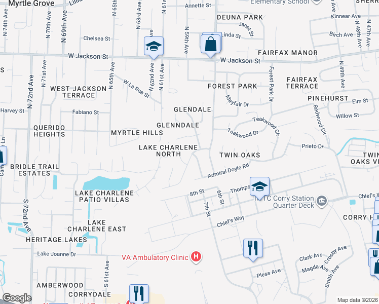map of restaurants, bars, coffee shops, grocery stores, and more near 5943 Schofield Drive in Pensacola